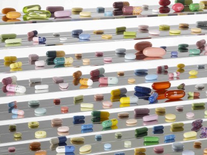 Damien Hirst     Lullaby, the Seasons 2002 (detail)  Glass, stainless steel, steel, aluminium, nickel, bismuth and cast resin, coloured plaster and painted pills with dry transfers