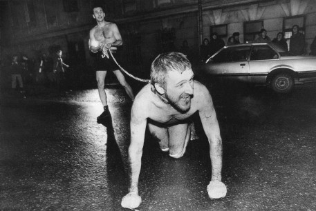 Oleg Kulik, Mad Dog, or Last Taboo Guarded by Alone Cerberus, 23 November 1994, photographs of a performance. Courtesy the artist