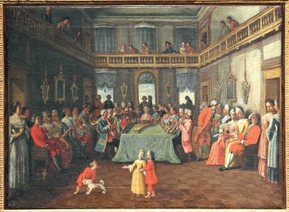Pittore Veneto,   Concert at the palace, 1750–90. Oil on canvas,  58x79cm Fondazione Musei Civici di Venezia, Casa di Carlo Goldoni Inv. Cl. I n.2156 Photo Fondazione Musei Civici di Venezia, Casa di Carlo Goldoni
