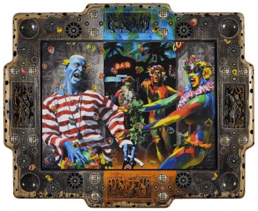 Ashley Bickerton, The Alley, 2009. Oil and acrylic paint on archival canvas in carved wood artist frame, inlaid coconut, mother of pearl, and coins