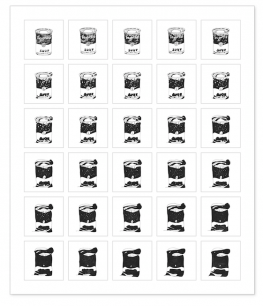 30 anonymous Chinese artists, variations on Warhol's Campbells Soup can (Wonton soup variety)