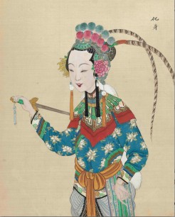 Chinese, Qing Dynasty (1644–1911), Late Tongzhi (1862–1874) and Guangxu (1875–1908) Periods, leaf from Half-Length Portraits of Opera Characters, ca. 1870s–1900, Album paintings on bi-fold leaves, ink and gilt on silk. Courtesy Metropolitan Museum of Art,