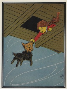 Dorothy clings on to Toto as the tornado carries them away, The New Wizard of Oz