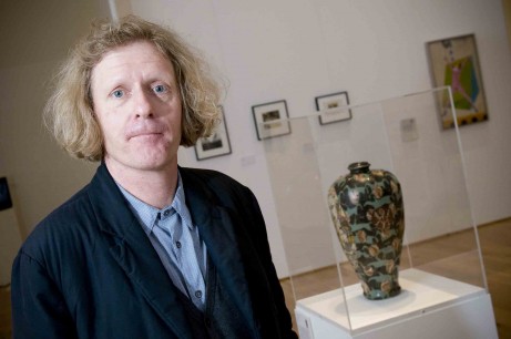 Grayson Perry with Spirit Jar, at opening of Transmitter/Receiver at the Lightbox Gallery, Woking