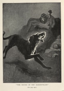 Holmes and Watson see the ghostly hound, 'outlined in flickering flame', Hound of the Baskervilles