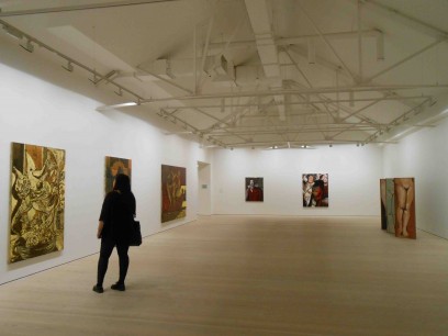 Installations at Saatchi Gallery. Left wall 3 paintings by Steven Allan; far right, screen by Charlie Billingham. Image courtesy Saatchi Gallery