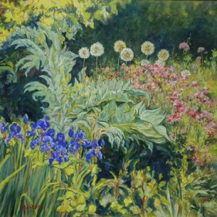 Maria Bell-Salter, Iris and Artichoke, oil on linen,  100x100cm