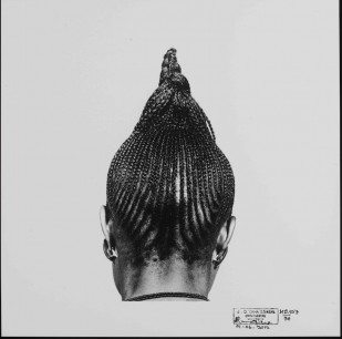 J.D. 'Okhai Ojeikere,HD-55774 (Beri Beri), from the series 'Hairstyles'. Gelatin silver print. Nigeria 1974. © Estate of J.D. 'Okhai Ojeikere, Victoria & Albert Museum