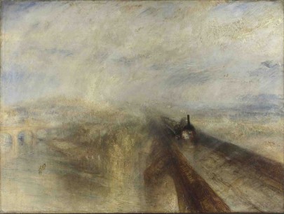 JMW Turner,  Rain, Steam, and Speed – The Great Western Railway 1844  support- 910 x 1218 mm. Oil paint on canvas. The National Gallery, London