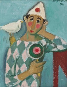 Alberto Morrocco, R.S.A., R.S.W. (1917–98), Clown with Pigeon and Maracca, 1996, oil on board 7.1/4 x 5.3/4 in. (18.4 x 14.6 cm.) Estimate: £4,000-6,000