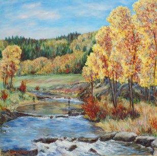 Maria Bell-Salter, Fly-fishing at Three Forks Ranch, oil on linen, 100x100cm