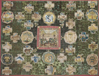 The Marian Hanging, English, 1570-85 Silk velvet, panels of canvas work, embroidered with silks and silver-gilt thread. Courtesy the Victoria and Albert Museum