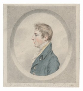 John Smart, portrait of John Dighton, wearing a blue jacket with brass buttons over a yellow and white cravat (1767) ©Philip Mould and Company