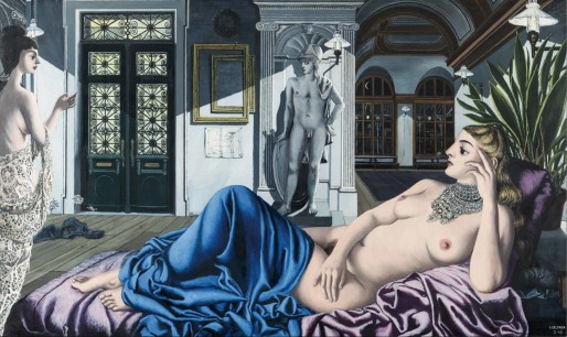Paul Delvaux, L'éloge de la mélancolie (1948), Oil on panel, 153x255 cm © Paul Delvaux Foundation, Belgium