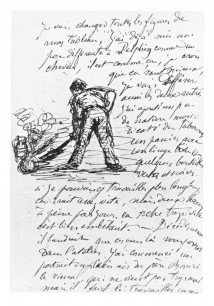 Paul Cézanne, Young man working with a spade, sketch on a letter to Zola, 30 June 1866.  Private collection.