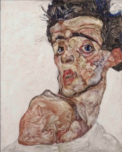 Egon Schiele, Selbstbildnis mit hochgezogener nackter Schulter, 1912. Öl auf Holz 42.2x33.9cm Leopold Museum, Wien