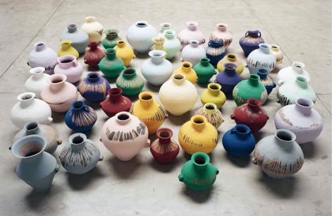 Ai Weiwei, Coloured Vases, 2006.  Neolithic vases (5000–3000 BC) with industrial paint, dimensions variable.  Courtesy of Ai Weiwei Studio  Image courtesy Ai Weiwei  © Ai Weiwei