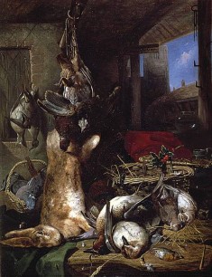 Emily Coppin Stannard, Still Life – Dead Ducks and a Hare with Basket and a Sprig of Holly (1853)