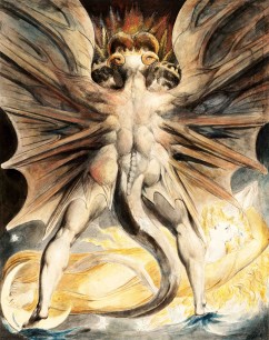 William Blake (1757–1827)  The Great Red Dragon and the Woman Clothed with the Sun, about 1803–1805  Watercolor, graphite and incised lines 43,7 × 34,8 cm  Brooklyn Museum, Gift of William Augustus White