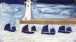 Alfred Wallis, Four Luggers and a Lighthouse, c.1928, Oil on card, 16.5 x 26 cm