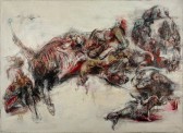 Lanfranco Quadrio, Agony of Actaeon - the pack 2013, Oil graphite pen pencil on canvas, 150x280cm