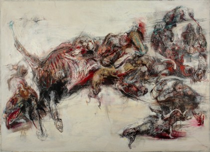 Lanfranco Quadrio, Agony of Actaeon - the pack 2013, Oil graphite pen pencil on canvas, 150x280cm